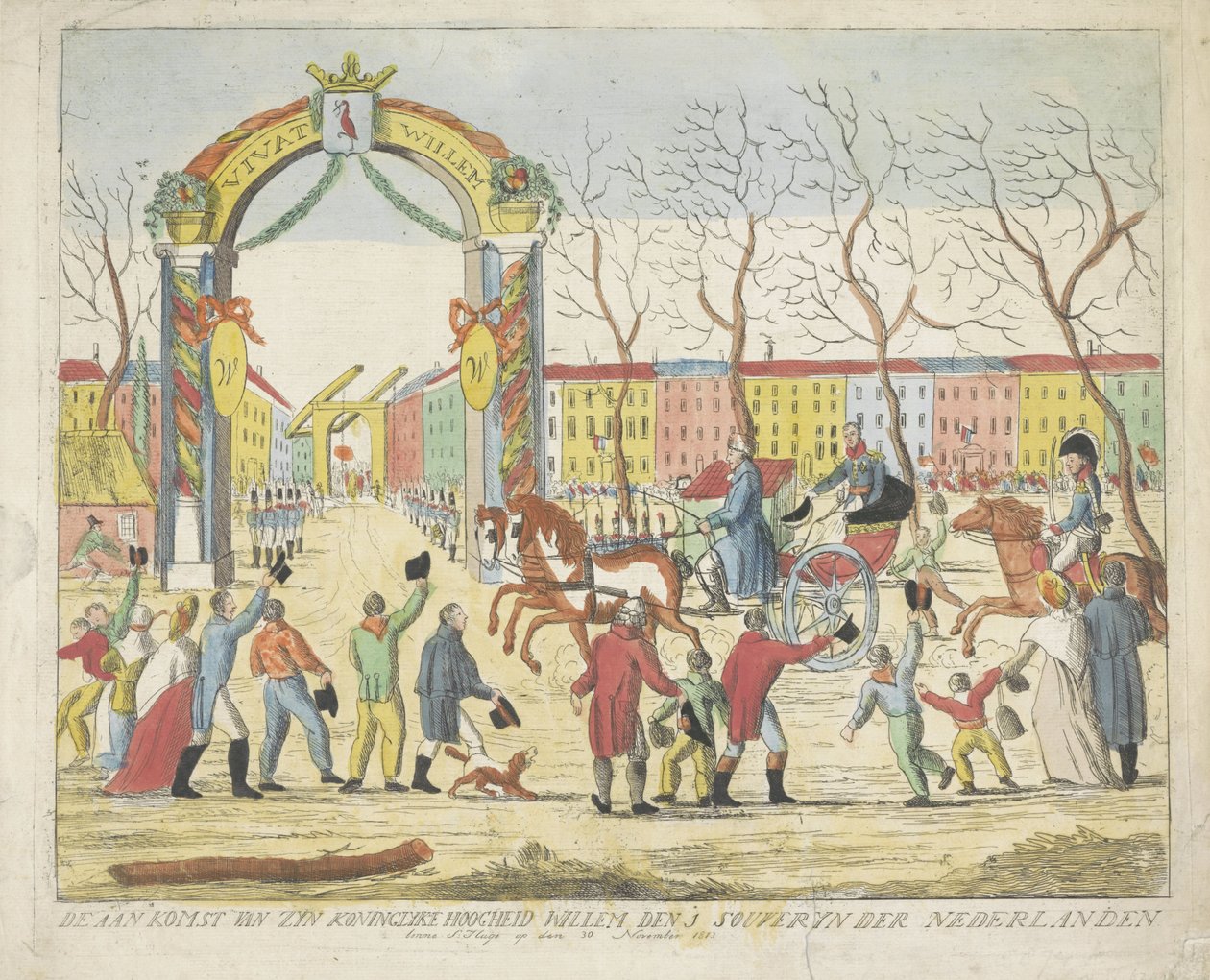 Orangen prinssin saapuminen Haagiin, 1813 Hänen kuninkaallisen korkeutensa Willem den 1 souveryn der Nederlanden benne S: Hage saapuminen 30. marraskuuta 1813 (otsikko esineessä) tekijältä Anonymous