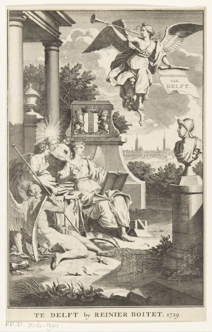 Delftin allegoria Delftin kuvaus (otsikko esineessä) Nimisivu: S.n., Beschryving der stadt Delft, 1729 tekijältä Anonymous
