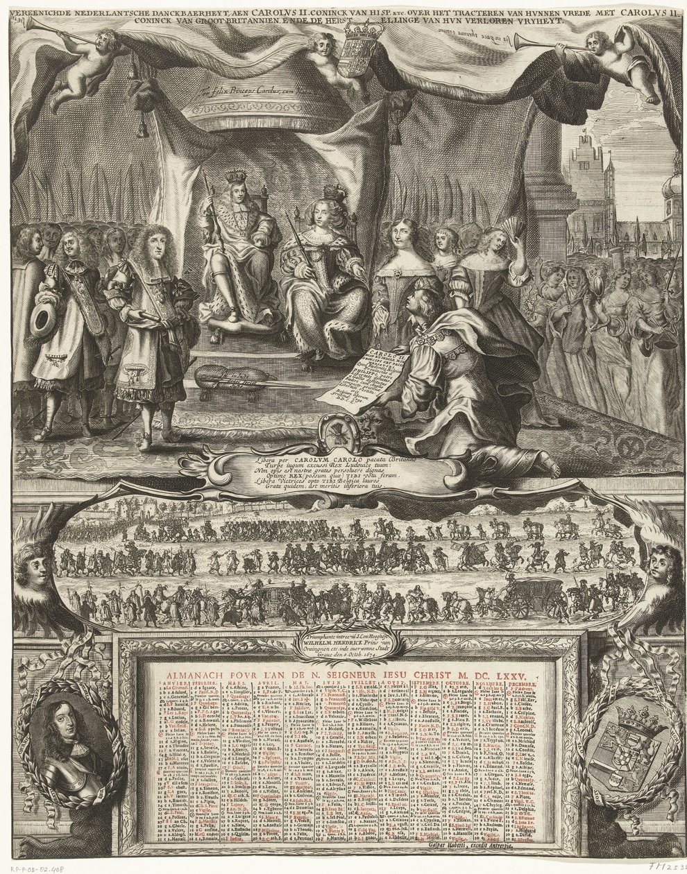 Allegoria Englannin kanssa tehdystä rauhasta vuonna 1674 ja almanakka vuodelta 1675 Vereenichde Nederlantsche danckbaerheyt, aen Carolus II. Coninck van Hisp. jne. rauhan solmimisesta Kaarle II:n kanssa. Iso-Britannian Coninck ja palauttaminen tekijältä Anonymous