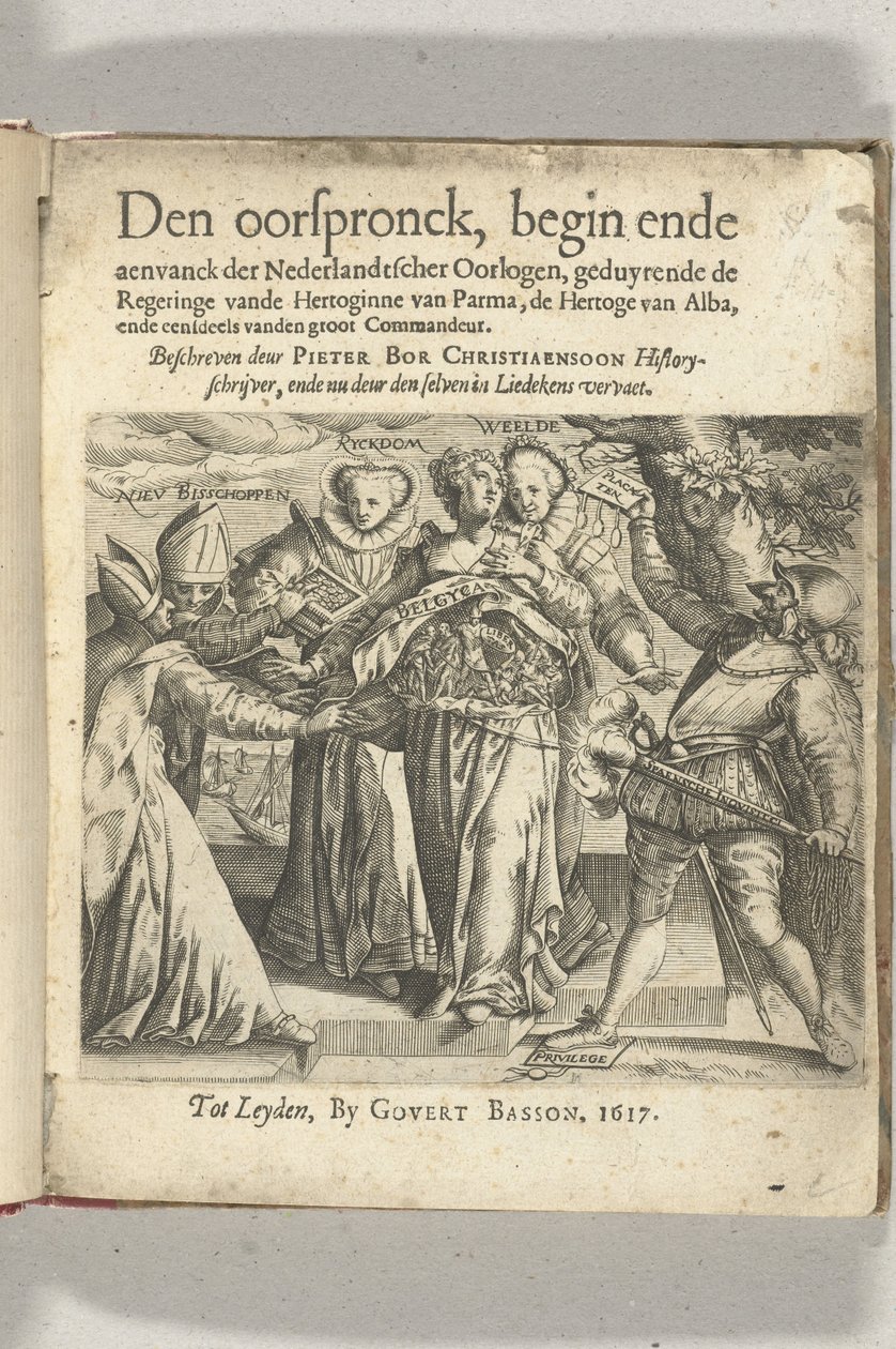 Allegorinen otsikkosivu julkaisussa: Pieter Christiaansz Bor, Den Oorspronck, Hollannin sotien alku ja lähtö, 1617 tekijältä Anonymous