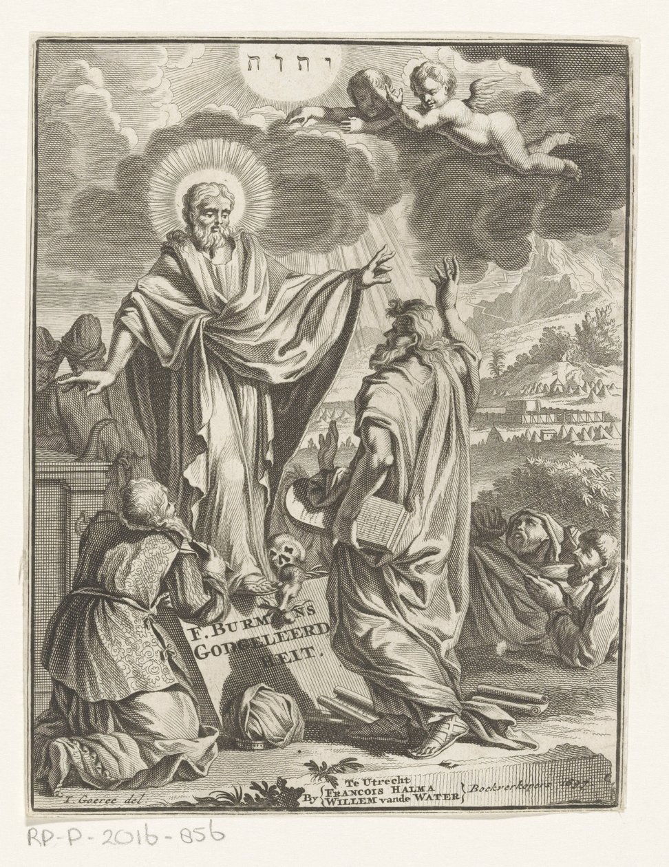 Allegorinen esitys Kristuksen, Mooseksen ja polvistuvan hahmon kanssa Nimisivu: Frans Burman, teologia, 1697 tekijältä Anonymous
