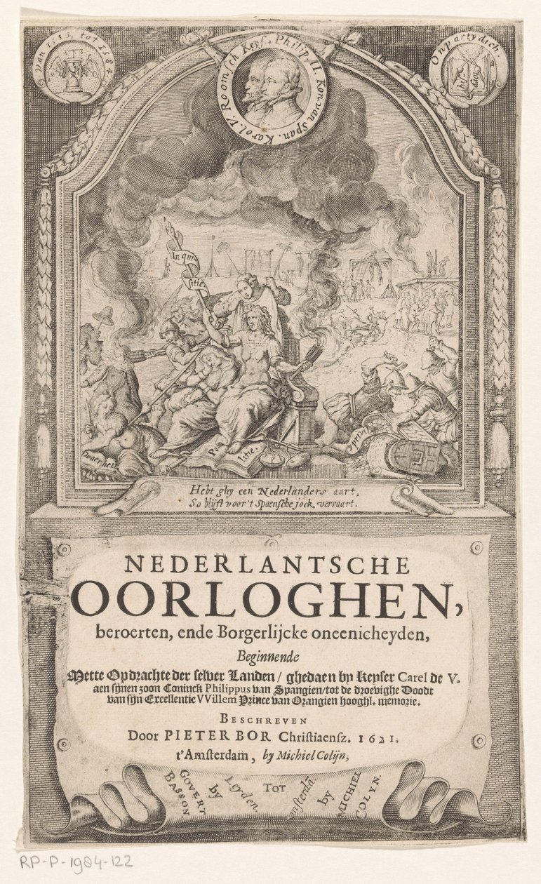 Allegorinen esitys espanjalaisen inkvisition, vapauden ja totuuden kanssa Nimisivu: Pieter Bor, Hollannin sotakana, 1621 tekijältä Anonymous