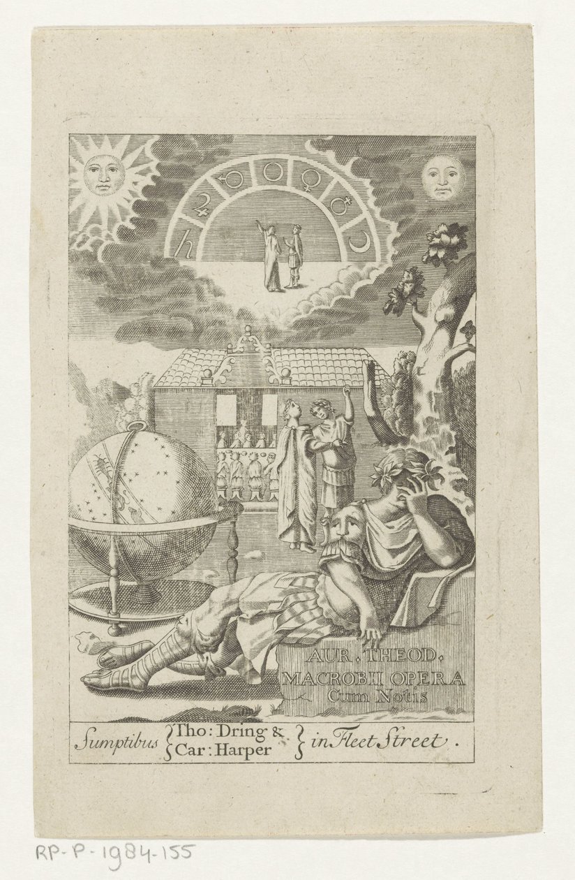 Ambrosius Theodosius Macrobius leunend op steen naast globe Kulta Theod. Macrobius Opera Cum Notis (otsikko objektissa) Otsikko voor: Ambrosius Theodosius Macrobius, Aur. Theodosius Macrobius V. Cl. & Maineikkaat teokset, 1694 tekijältä Anonymous