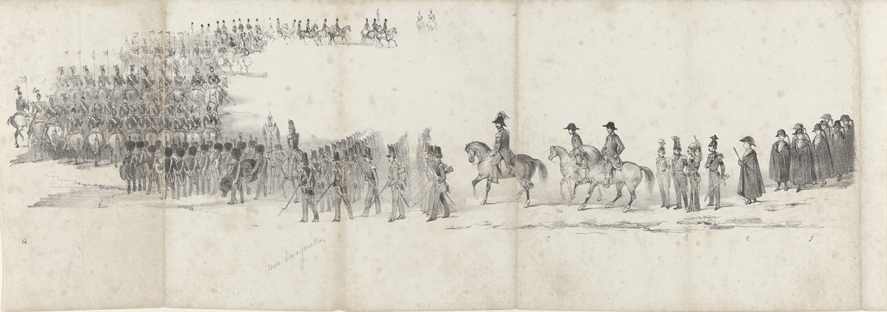 Edesmenneen kuningas Willem II:n hautajaiset Delftissä 4. huhtikuuta 1849 (sivu 1) Viisi vierekkäistä arkkia Vilhelm II:n hautajaiskulkueesta vuonna 1849 (sarjan nimi) tekijältä Anonymous