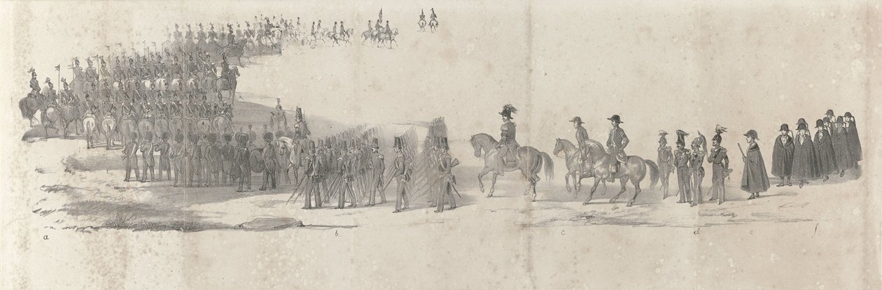Edesmenneen kuningas Willem II:n hautajaiset Delftissä 4. huhtikuuta 1849 (sivu 2) Viisi vierekkäistä arkkia Vilhelm II:n hautajaiskulkueesta vuonna 1849 (sarjan nimi) tekijältä Anonymous