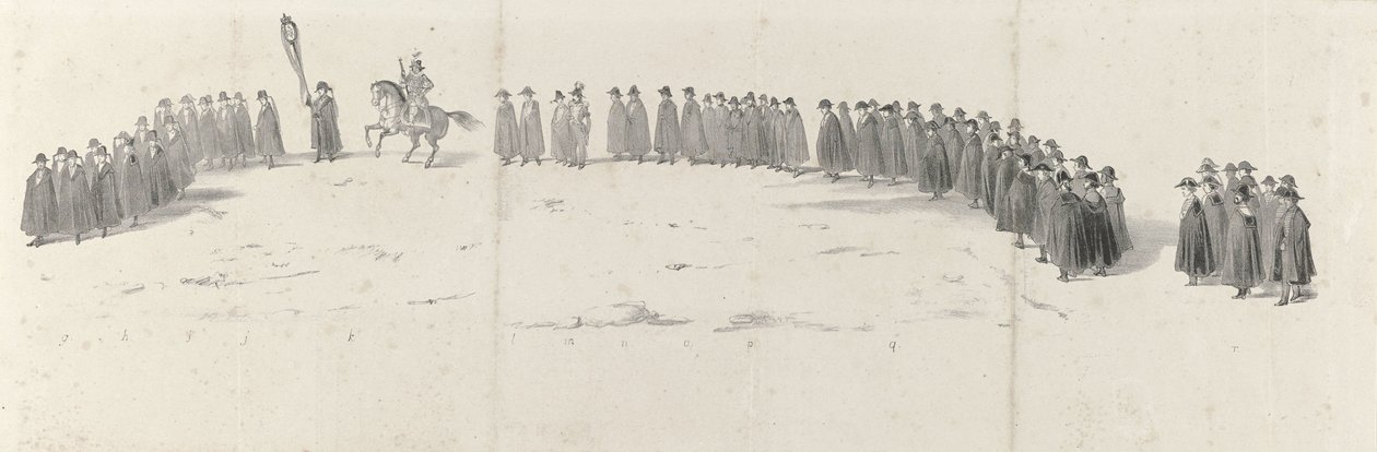 Edesmenneen kuningas Willem II:n hautajaiset Delftissä 4. huhtikuuta 1849 (sivu 2) Viisi vierekkäistä arkkia Vilhelm II:n hautajaiskulkueesta vuonna 1849 (sarjan nimi) tekijältä Anonymous