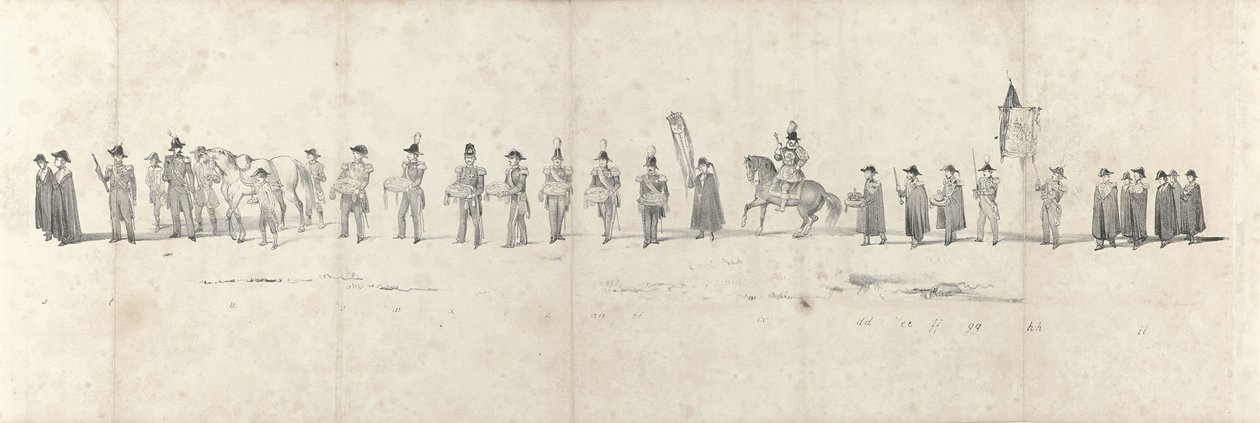 Edesmenneen kuningas Willem II:n hautajaiset Delftissä 4. huhtikuuta 1849 (sivu 3) Viisi vierekkäistä arkkia Vilhelm II:n hautajaiskulkueesta vuonna 1849 (sarjan nimi) tekijältä Anonymous