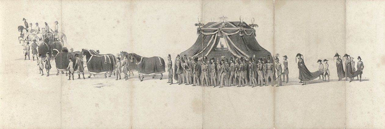 Edesmenneen kuningas Willem II:n hautajaiset Delftissä 4. huhtikuuta 1849 (sivu 4) Viisi vierekkäistä arkkia Vilhelm II:n hautajaiskulkueesta vuonna 1849 (sarjan nimi) tekijältä Anonymous