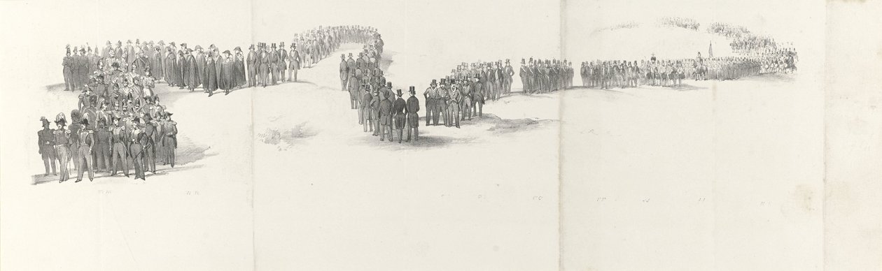 Edesmenneen kuningas Willem II:n hautajaiset Delftissä 4. huhtikuuta 1849 (sivu 5) Viisi vierekkäistä arkkia Vilhelm II:n hautajaiskulkueesta vuonna 1849 (sarjan nimi) tekijältä Anonymous