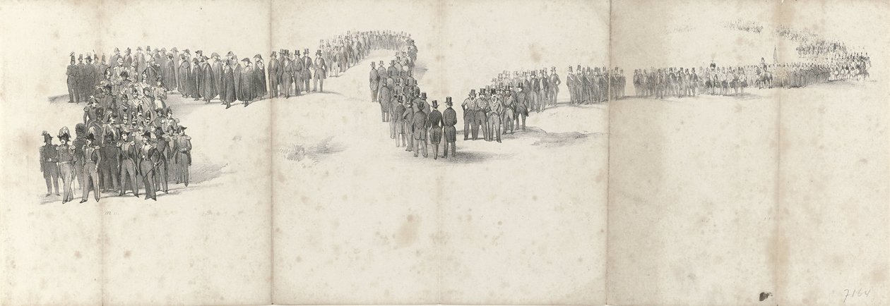 Edesmenneen kuningas Willem II:n hautajaiset Delftissä 4. huhtikuuta 1849 (sivu 5) Viisi vierekkäistä arkkia Vilhelm II:n hautajaiskulkueesta vuonna 1849 (sarjan nimi) tekijältä Anonymous