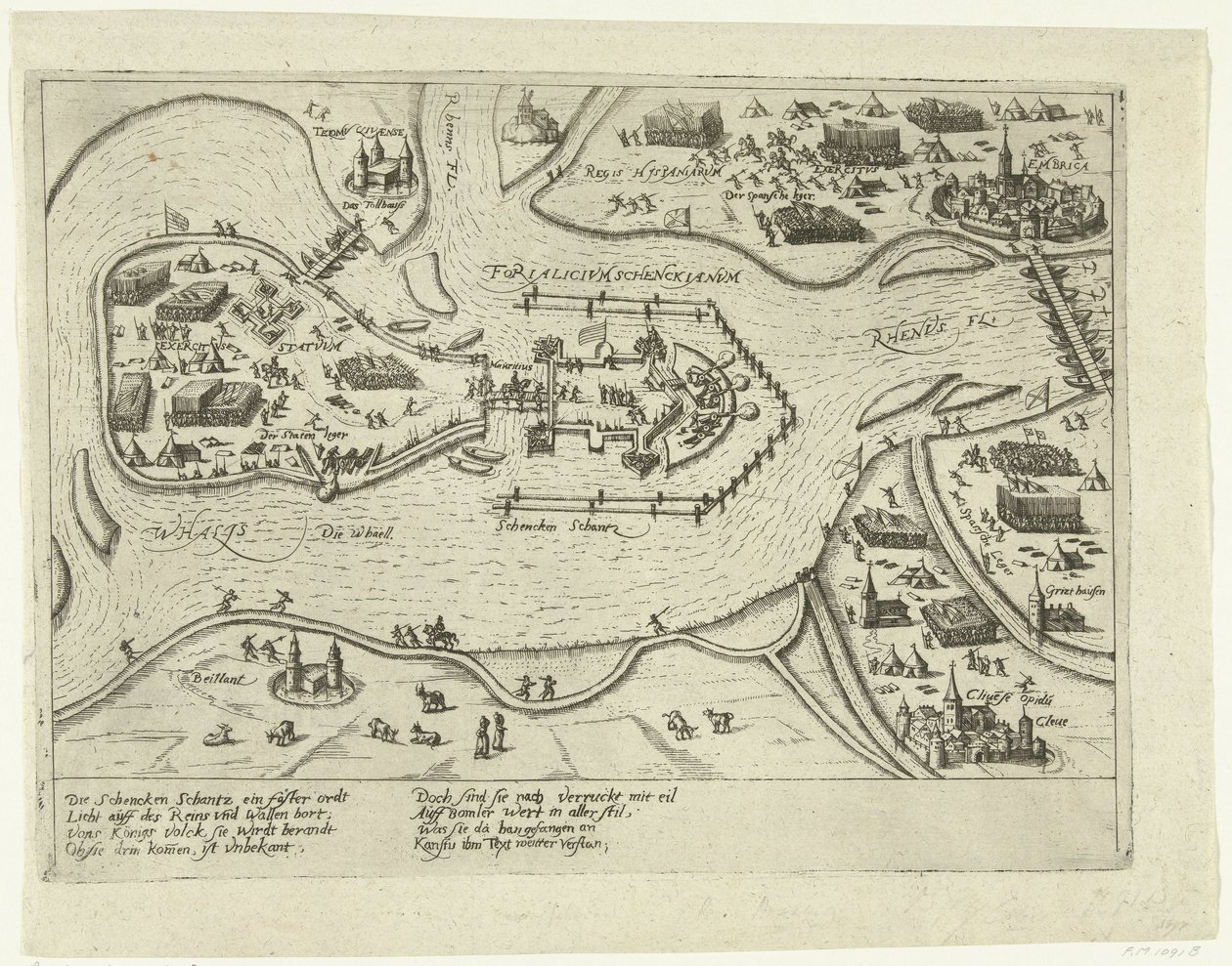 Schenkenschansin piiritys espanjalaisten toimesta, 1599 Forialicium Schenckianum (otsikko esineessä) tekijältä Anonymous