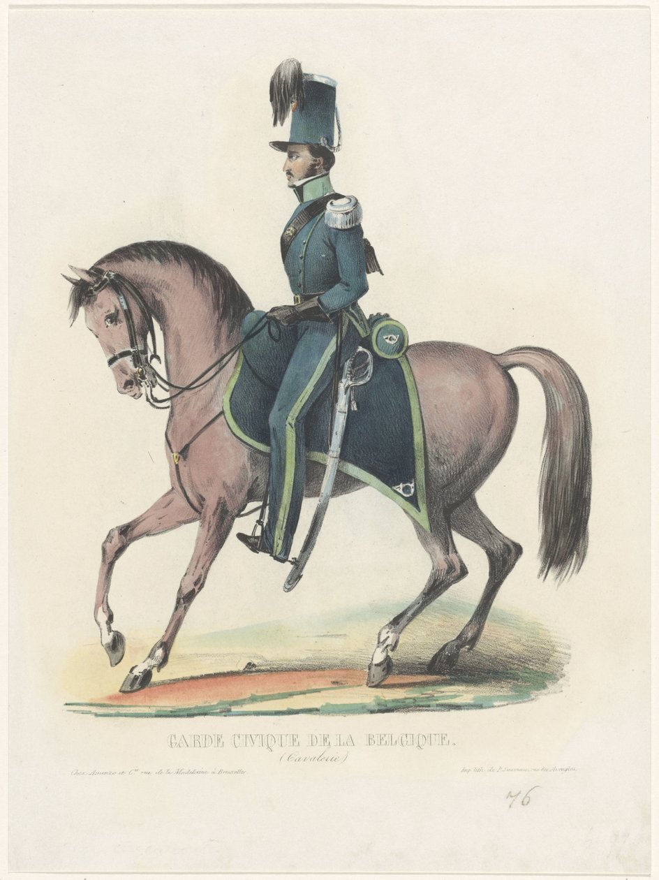 Belgialainen vartija hevosen selässä, 1830 Garde Civique de la Belgique (Ratsuväki) (nimi esineessä) tekijältä Anonymous
