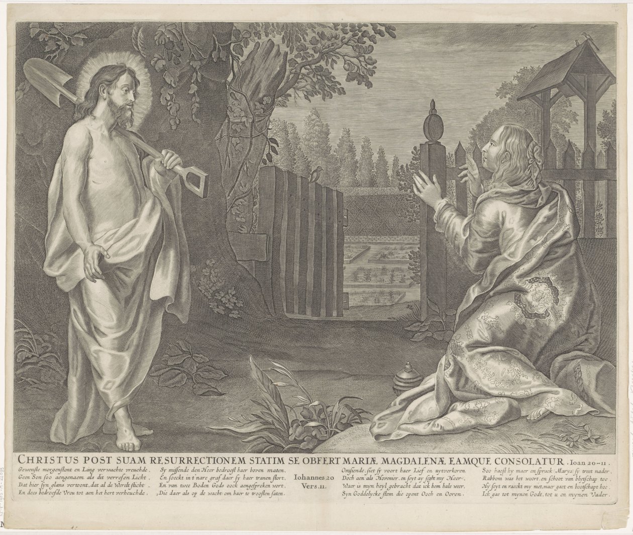 Christus verchicht als tuinman aan Maria Magdaleena (Älä koske minuun) Kristus välittömästi ylösnousemuksensa jälkeen esittelee itsensä Magdalan Marialle ja lohduttaa häntä (otsikko esineessä) Royal Bijbel (sarjan nimi) tekijältä Anonymous