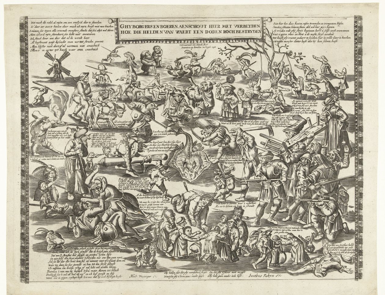 Rogstekers van Weert, noin 1650 Ghy borgers ja maanviljelijät tutkivat täällä blydenin kanssa, kuinka nuo sankarit van Waert taistelivat kuollutta rochia vastaan ​​(otsikko esineessä) tekijältä Anonymous