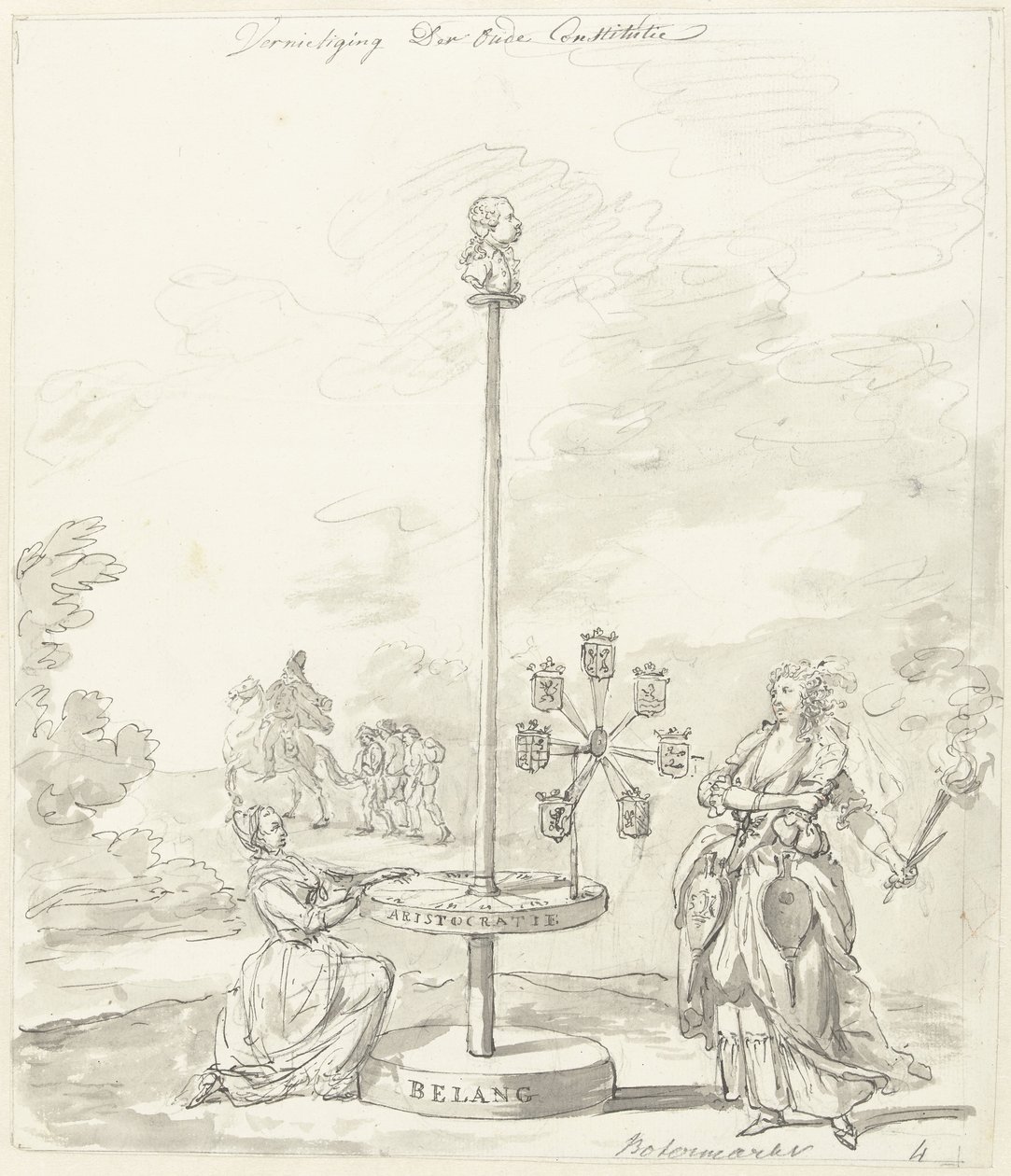 Vanhan perustuslain tuhoaminen, koristelu voitorilla, 1795 Vanhan perustuslain tuhoaminen/voimarkkinat (otsikko esineessä) tekijältä Anonymous