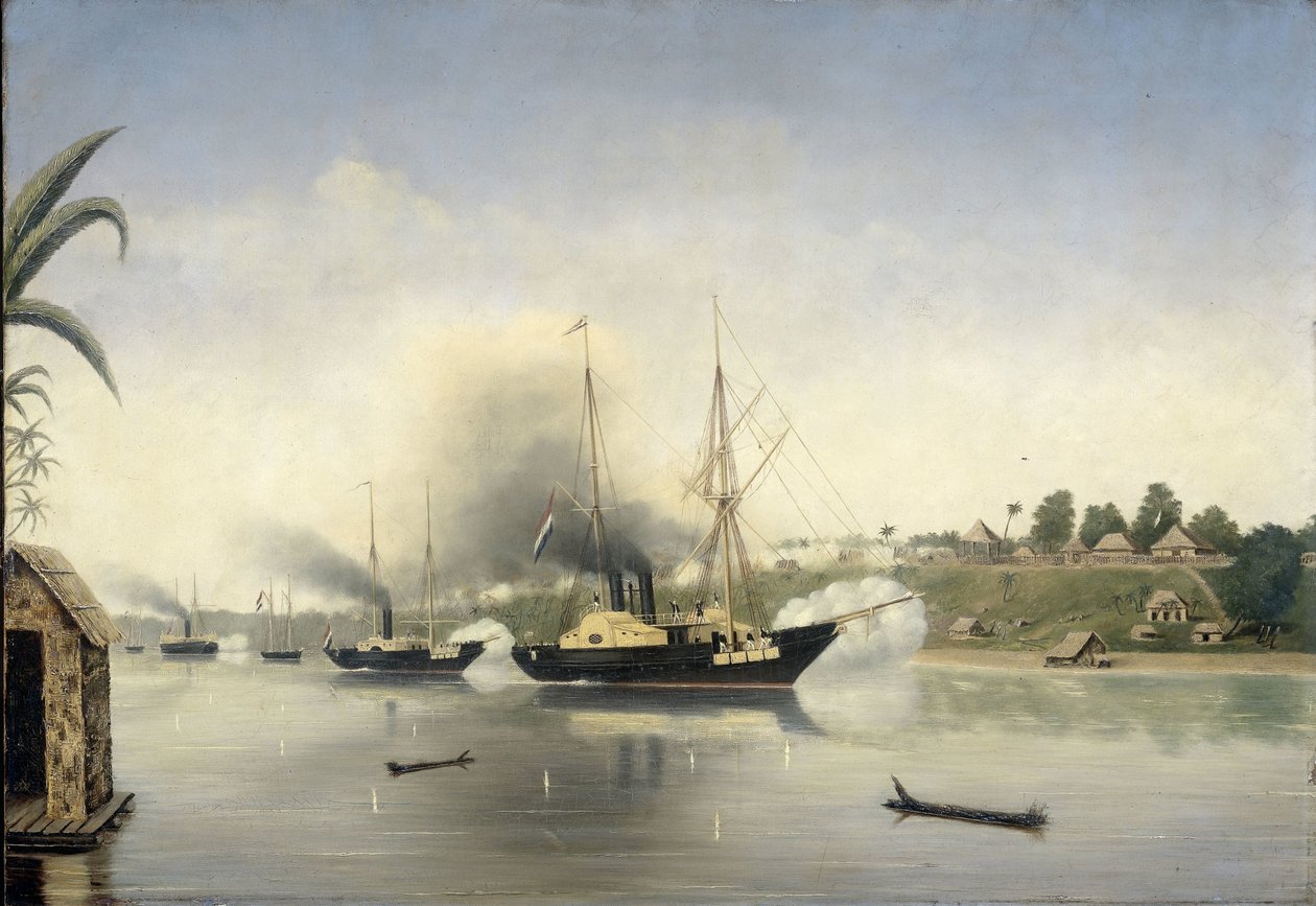 Hallituksen laivaston alukset Celebes, Admiraal van Kinsbergen ja Onrust ampuivat Djambin sulttaanin Kratonin 8. syyskuuta 1858. tekijältä Anonymous