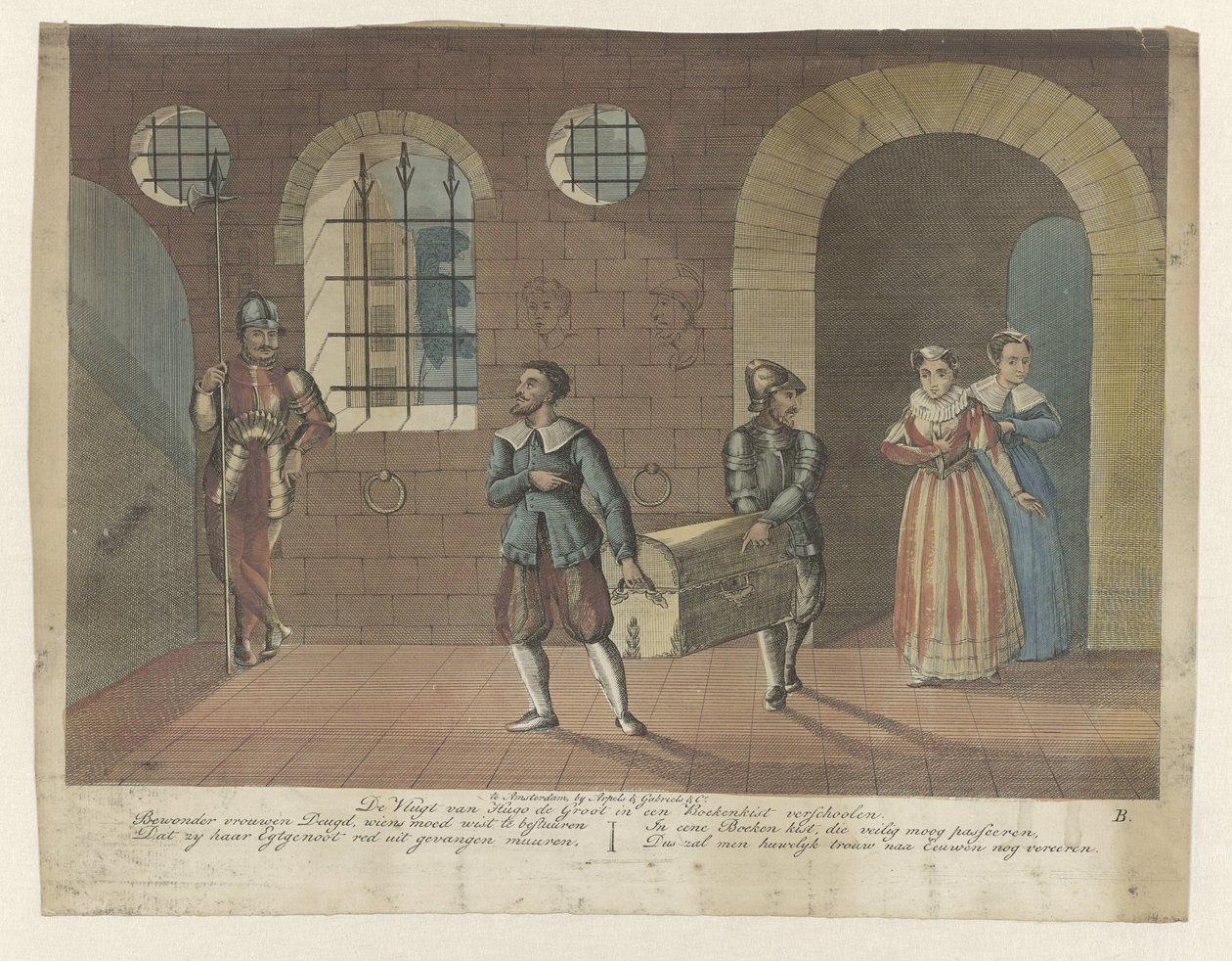 Kirjaarkku, johon Hugo de Groot on piilotettu, kuljetetaan soutuveneeseen Loevesteinin linnassa, 1621 Hugo de Grootin De Vlugt piiloutumassa kirjahyllyyn (otsikko esineessä) tekijältä Anonymous