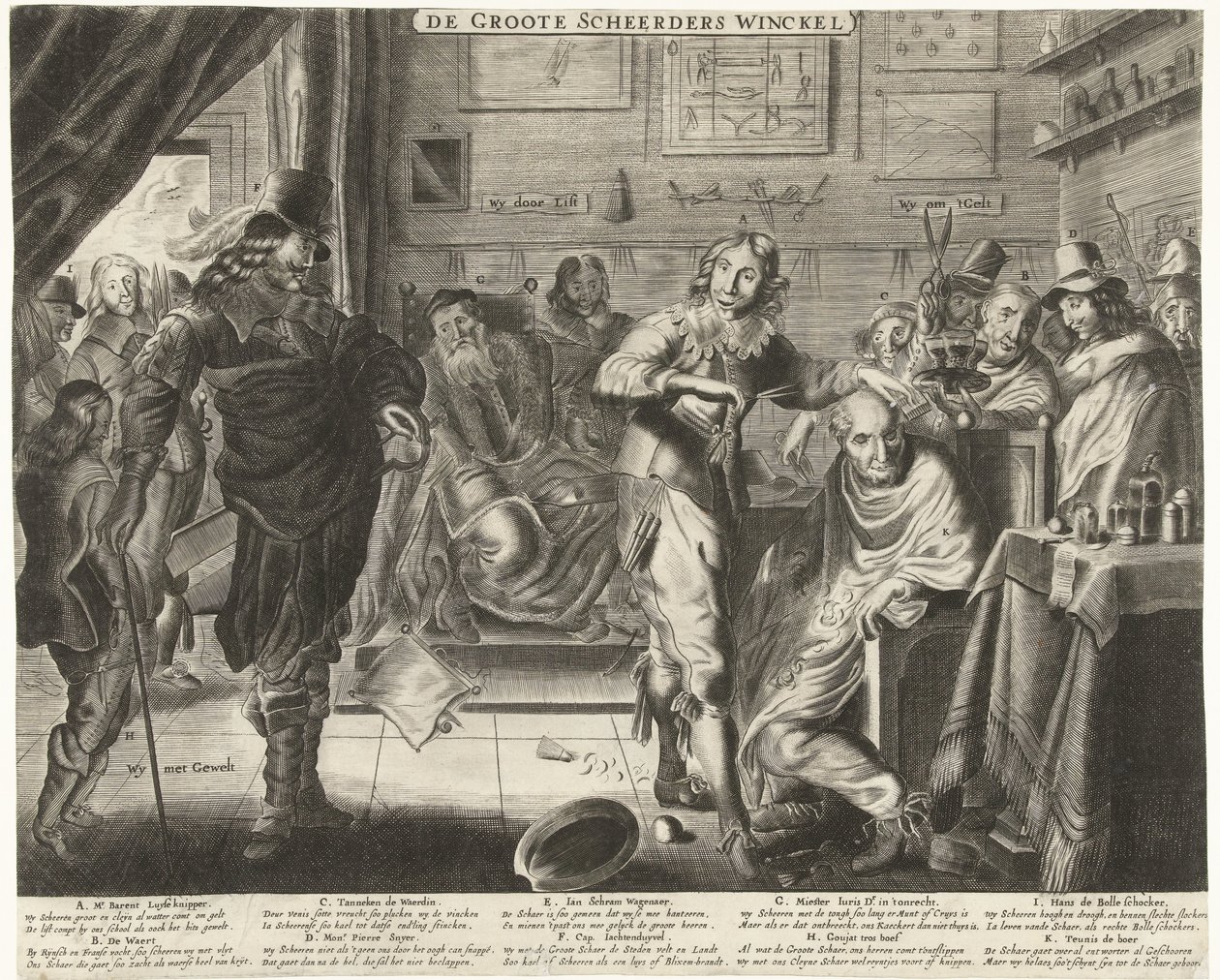 Talonpoika suuressa parturissa, noin 1650 De Groote Scheerders Winckel (otsikko esineessä) tekijältä Anonymous