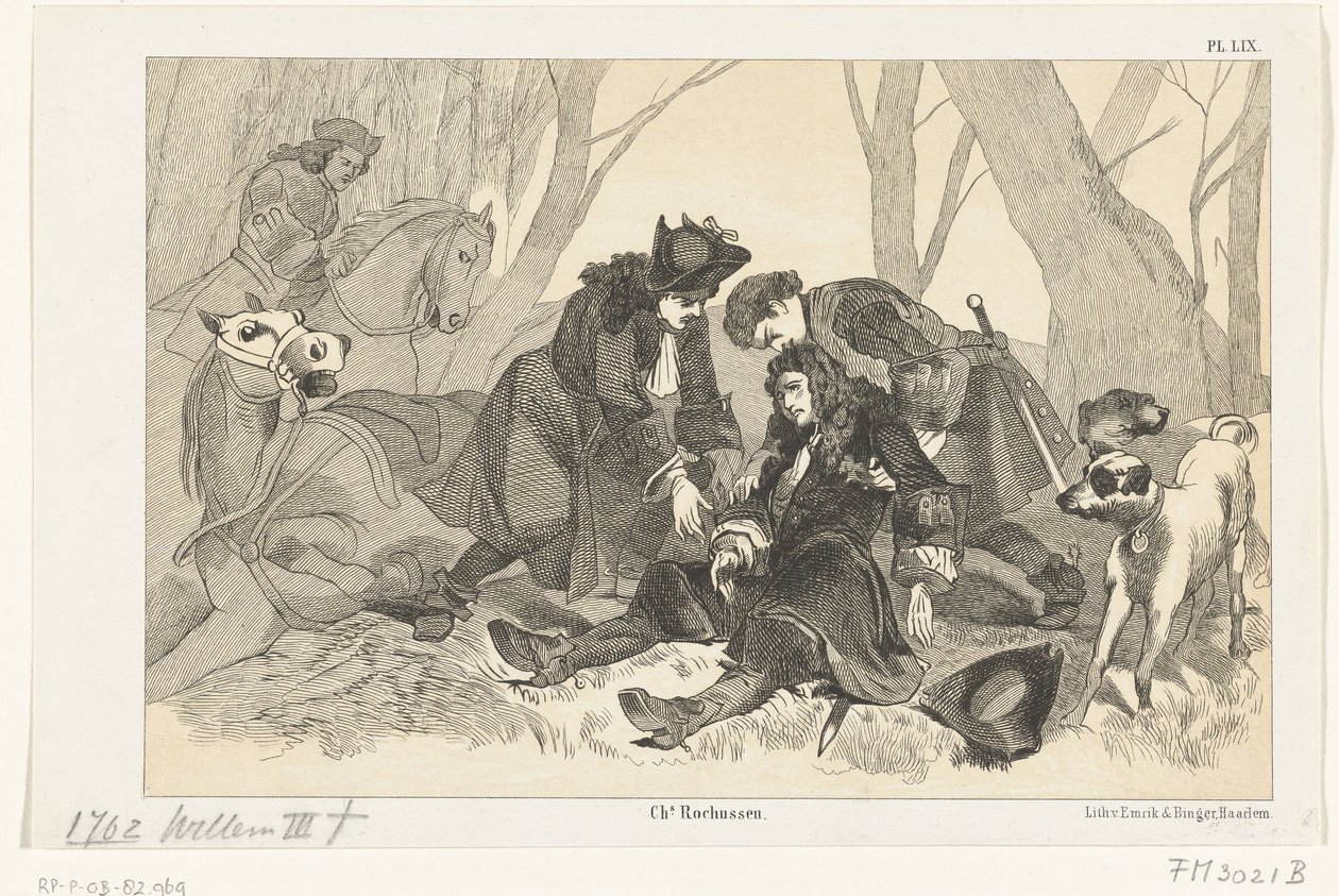 Vilhelm III:n kuolema metsästysjuhlan aikana, 1702 tekijältä Anonymous