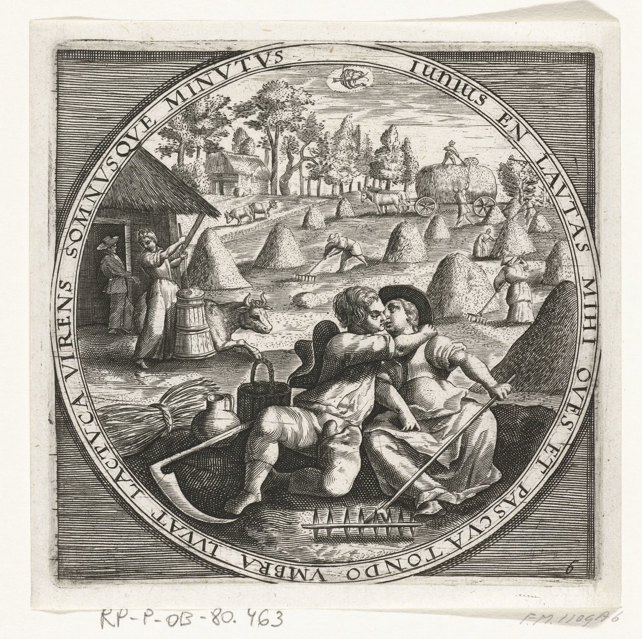 De maand juni, hooimaken, ca. 1600 De twaalf maanden van het jaar verbeeld in scènes uit het volksleven (sarjan nimi) 12 kuukauden suunnitelmat toiminnoineen ja niiden soveltaminen horoskooppimerkkeihin, jaettuna neljään vuoden osaan (sarjan nimi esineellä tekijältä Anonymous