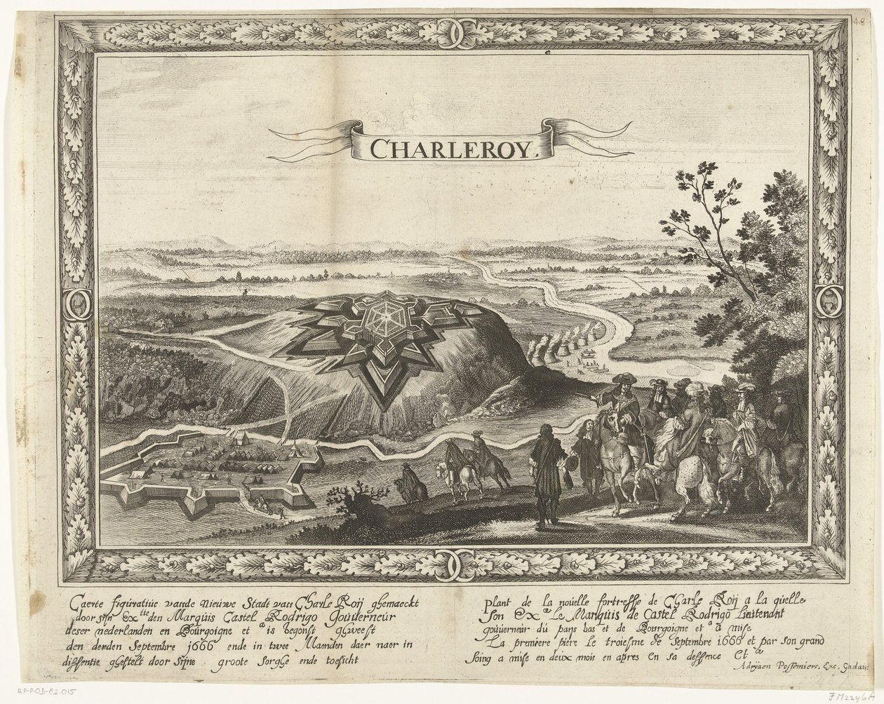 Charleroin uusi linnoitus, 1666 Charle Roijin (...) esittämä Caerte-hahmo uudesta kaupungista (otsikko esineessä) Plant de la nouelle fortresse de Charle Roij (...) (otsikko esineessä) tekijältä Anonymous