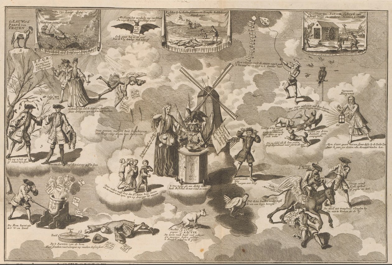 Voitettu actionisti soittotuolissa, 1720 Voitettu Actionisti tuolissa Rinkelsin kanssa Lauwerdin troijalaisen hevosen suostuttamana (otsikko esineessä) The Great Scene of Folly (sarjan nimi) tekijältä Anonymous