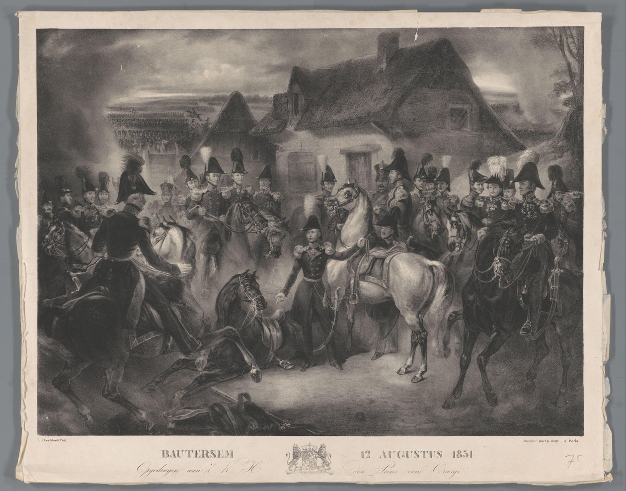 Orangen prinssin (myöhemmin kuningas Vilhelm II) loukkaantuneen hevosen korvaaminen Boutersemin taistelussa 12. elokuuta 1831 Bautersem 12. elokuuta 1831 (otsikko esineessä) tekijältä Anonymous