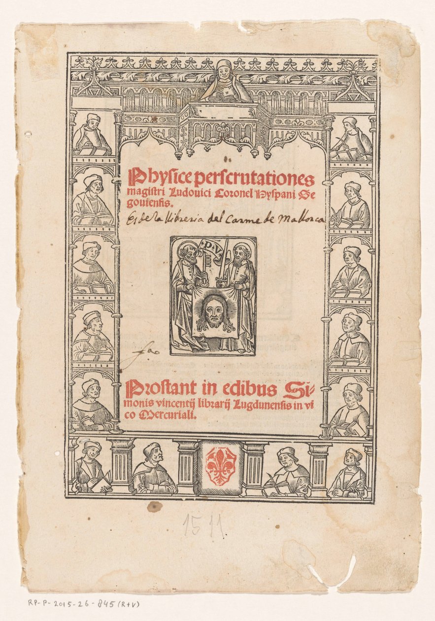 Koristeellinen kehys viidellätoista tutkijalla Nimisivu: Luis Coronel, Physice perscrutationes, 1511 tekijältä Anonymous