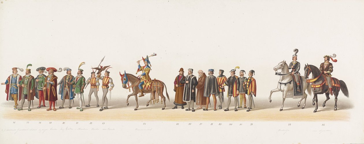 Delftin paraati 1873 (kuudes levy) Delftsche Studentencorpsin jäsenten pukukulkue 8. heinäkuuta 1873, jossa kuvataan: Gueldersin herttua, Zutphenin kreivi Karel van Egmondin tulo Arnhemiin vuonna 1492 (sarja ti tekijältä Anonymous