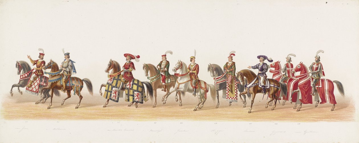 Delftin paraati 1873 (seitsemäs levy) Delftin ylioppilaskunnan jäsenten pukukulkue 8. heinäkuuta 1873, jossa kuvataan: Gueldersin herttua, Zutphenin kreivi Karel van Egmondin tulo Arnhemiin vuonna 1492 (sarja tekijältä Anonymous