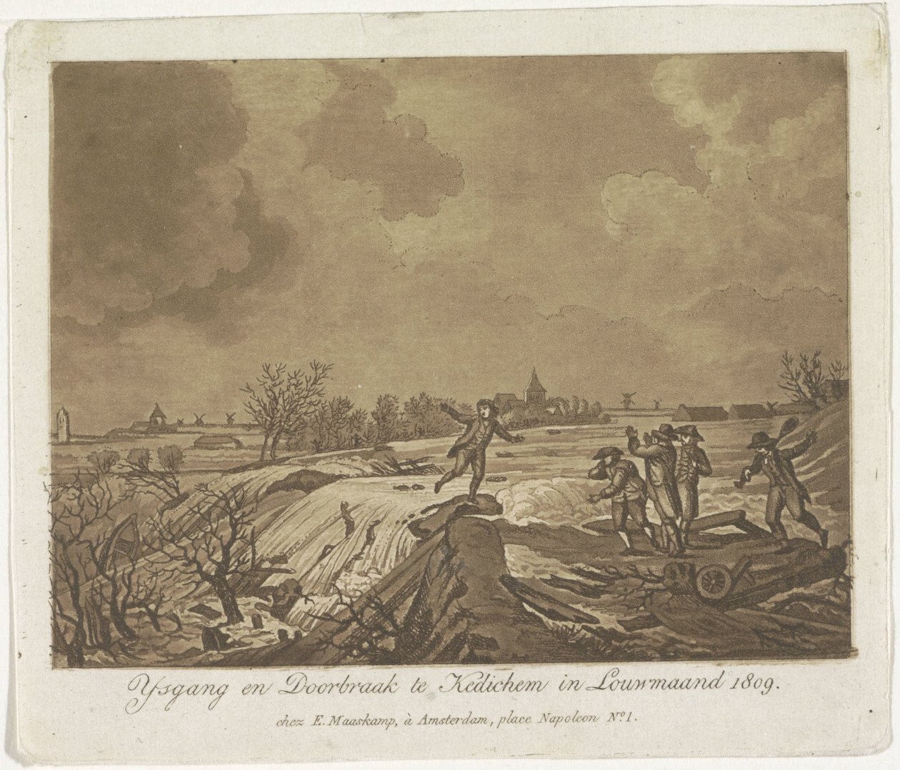 Padon rikkoutuminen Kedichemissä, 1809 Ysgang ja Doorbraak te Kedichem Louwmaandissa 1809 (otsikko esineessä) tekijältä Anonymous