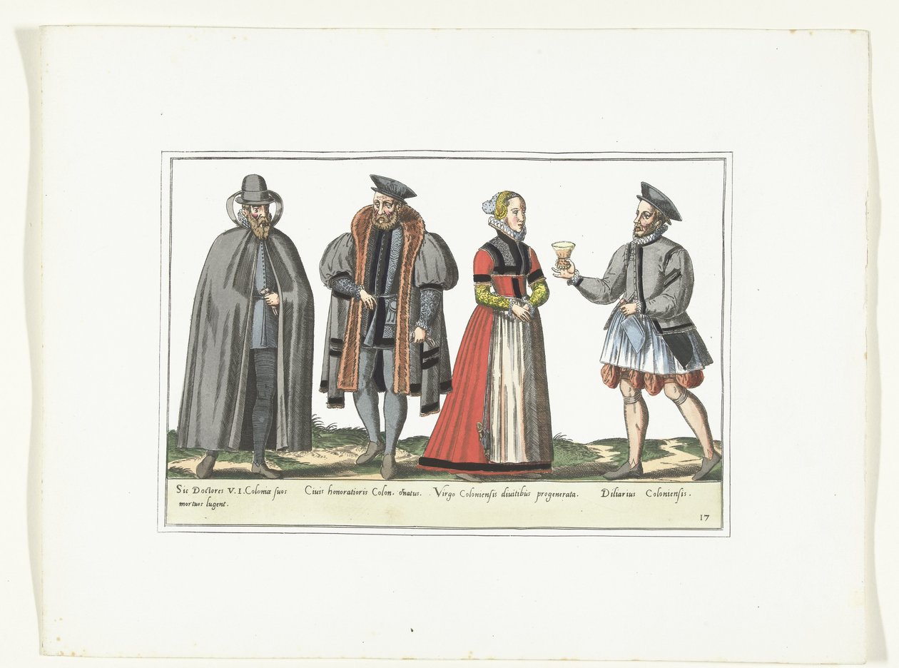 Kolme saksalaiseen muotiin pukeutunutta miestä ja nainen, n. 1580 Pukuvaatimukset (nimi esineessä) tekijältä Anonymous