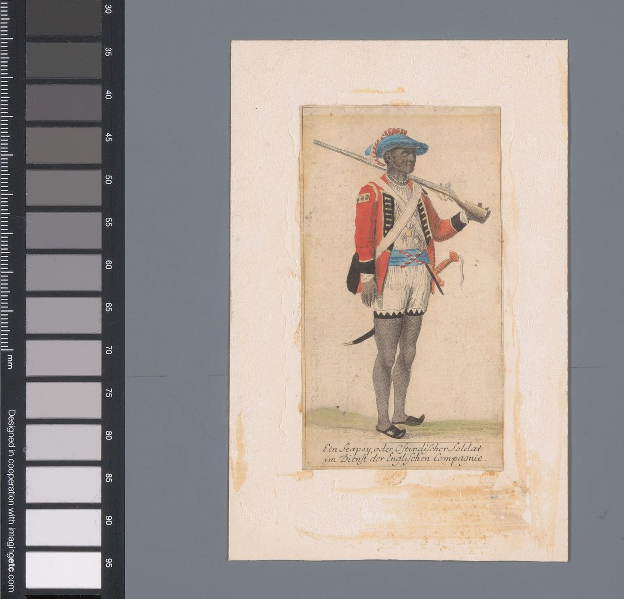 Musta sotilas British East India Companyn palveluksessa Ein Seapoy, oder Ostindischer Soldat im Dienst der Englischen Compagnie (otsikko esineessä) tekijältä Anonymous