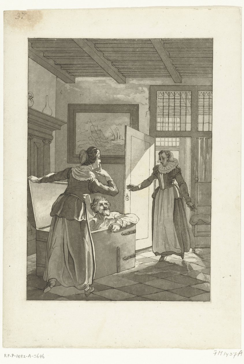 Elsje van Houweningen saa kiinni Hugo de Grootin kirjaarkusta, 1621 tekijältä Anonymous