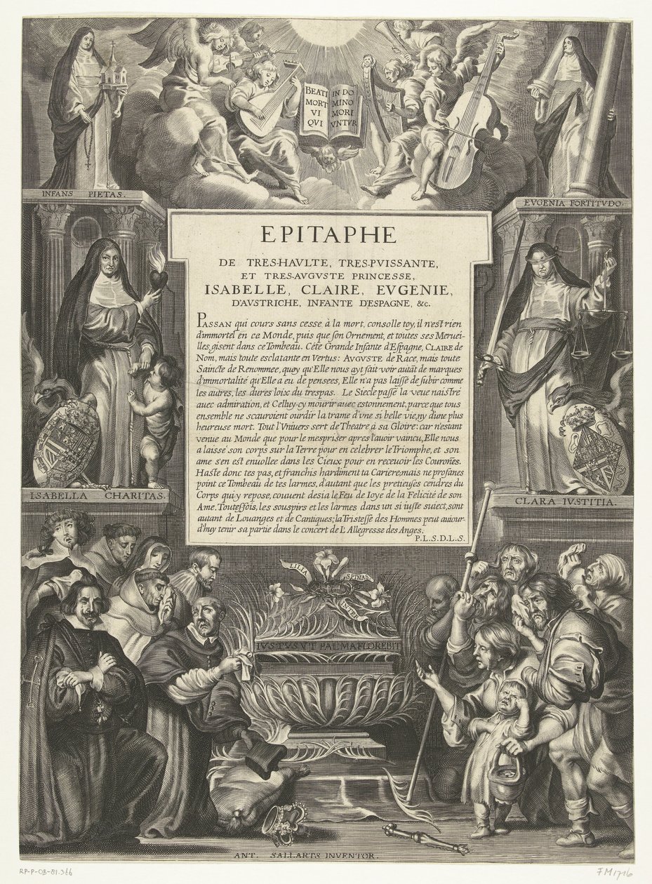 Epitaaf voor Isabella Clara Eugenia, 1633 Korkeimman, voimakkaimman ja elokuun prinsessan, Isabellan, Clairen, Eugenien, Itävallan, Espanjan Infantan, epitafia jne. (otsikko esineessä) tekijältä Anonymous