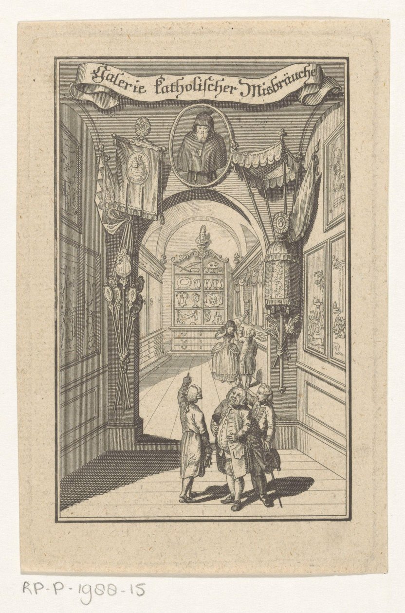 Gallerian hahmot kohtasivat muotokuvan liturgisissa esineissä Katolisten väärinkäytösten galleria (otsikko esineessä) Kansisivu: Joseph Richter, Katolisten pahoinpitelyjen kuvagalleria, 1784 tekijältä Anonymous