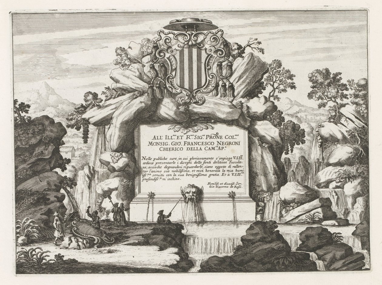 Suihkulähde, jossa Giovanni Francesco Negronin omistus ja vaakuna Fontane delle ville di Frascati (sarjan nimi) Frascatin suihkulähteet (sarjan nimi) tekijältä Anonymous