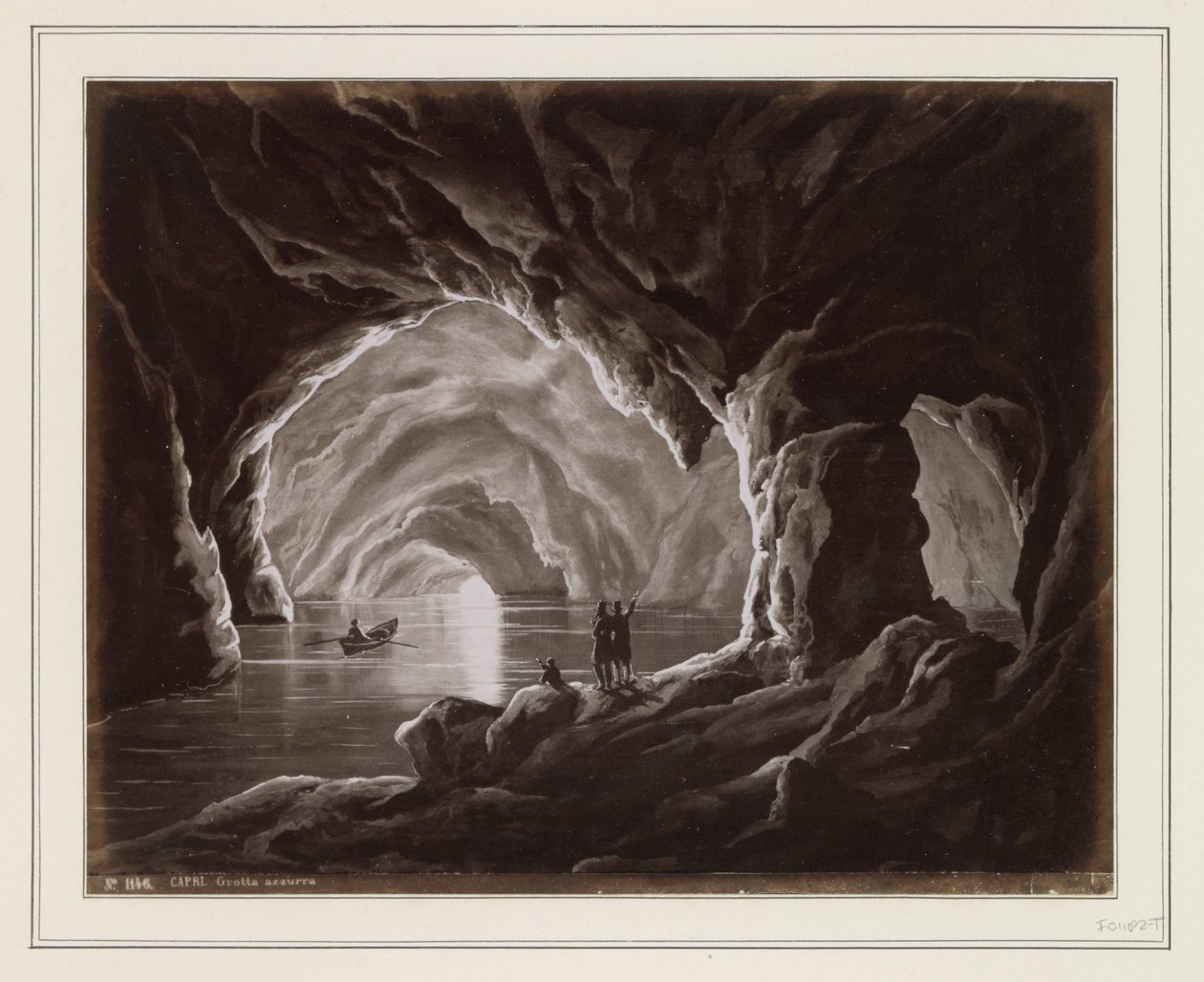 Valokuvakopio (oletettavasti) Caprin Blue Grotto -piirruksesta CAPRI. Grotta azzurra (otsikko esineessä) tekijältä Anonymous