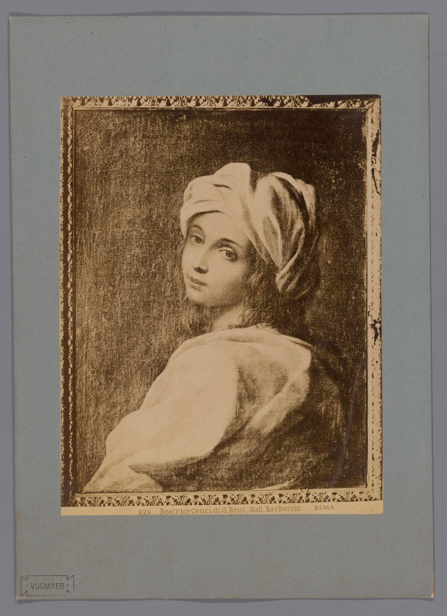 Valokuvakopio Guido Renin maalaamasta Beatrice Cencin muotokuvasta Galleria Barberinissa Roomassa Beatrice Cenci di G. Reni - Gall. Barberini (otsikko esineessä) Roma (sarjan nimi esineellä) tekijältä Anonymous