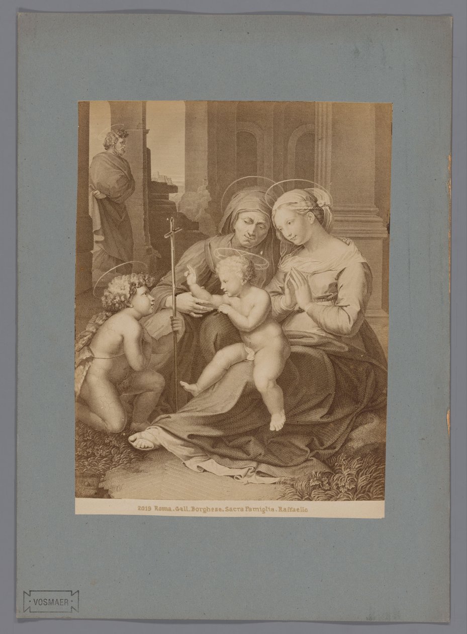 Valokuvakopio Rafaelin maalauksen Pyhä perhe -kaiverruksesta Roma. Gall. Borghese. Pyhä perhe. Raffaello (otsikko esineessä) tekijältä Anonymous