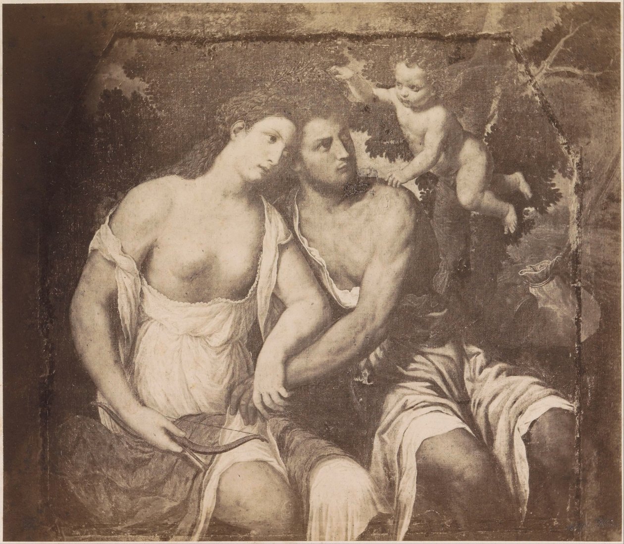 Valokuvakopio maalauksesta Venus ja Adonis Paris Bordonen jälkeen Pariisi Bordone. Venus ja Adonis (otsikko esineessä) kaiserl. Konigl. Galleria Wienissä (sarjan nimi esineellä) tekijältä Anonymous