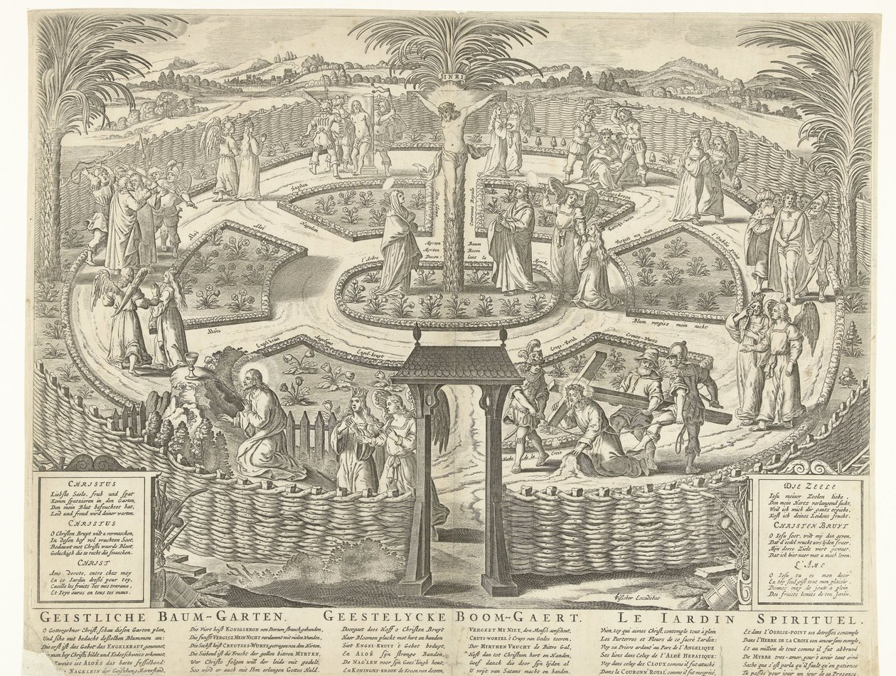 Henkinen hedelmätarha, noin 1650 Geistliche Baum-Garten / Geestelycke Boom-Gaert / Le Jardin Spirituel (otsikko esineessä) tekijältä Anonymous