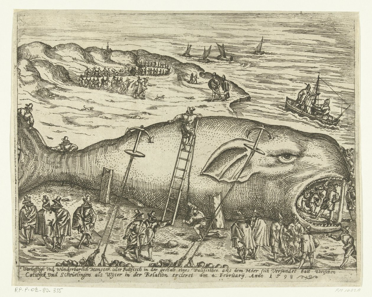 Pulaan jäänyt Walvis lähellä Berckheyä, 1598 Warhafttigh And Wonderful Monster tai Pottfisch valaan muodossa, josta Möer oli liettynyt Catwyckin ja Schevelingenin väliin Wyterina relaatiossa ercleret 4. helmikuuta, Anno 1598 (tissi tekijältä Anonymous