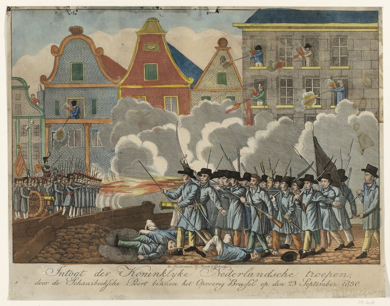 Taistelut Schaerbeeksen köyhässä Brysselissä, 1830 Intogt der Royal hollantilaiset joukot Schaerbeeksche Poortin kautta Kapinallisen Brysselin sisällä 23. syyskuuta 1830 (otsikko esineessä) tekijältä Anonymous