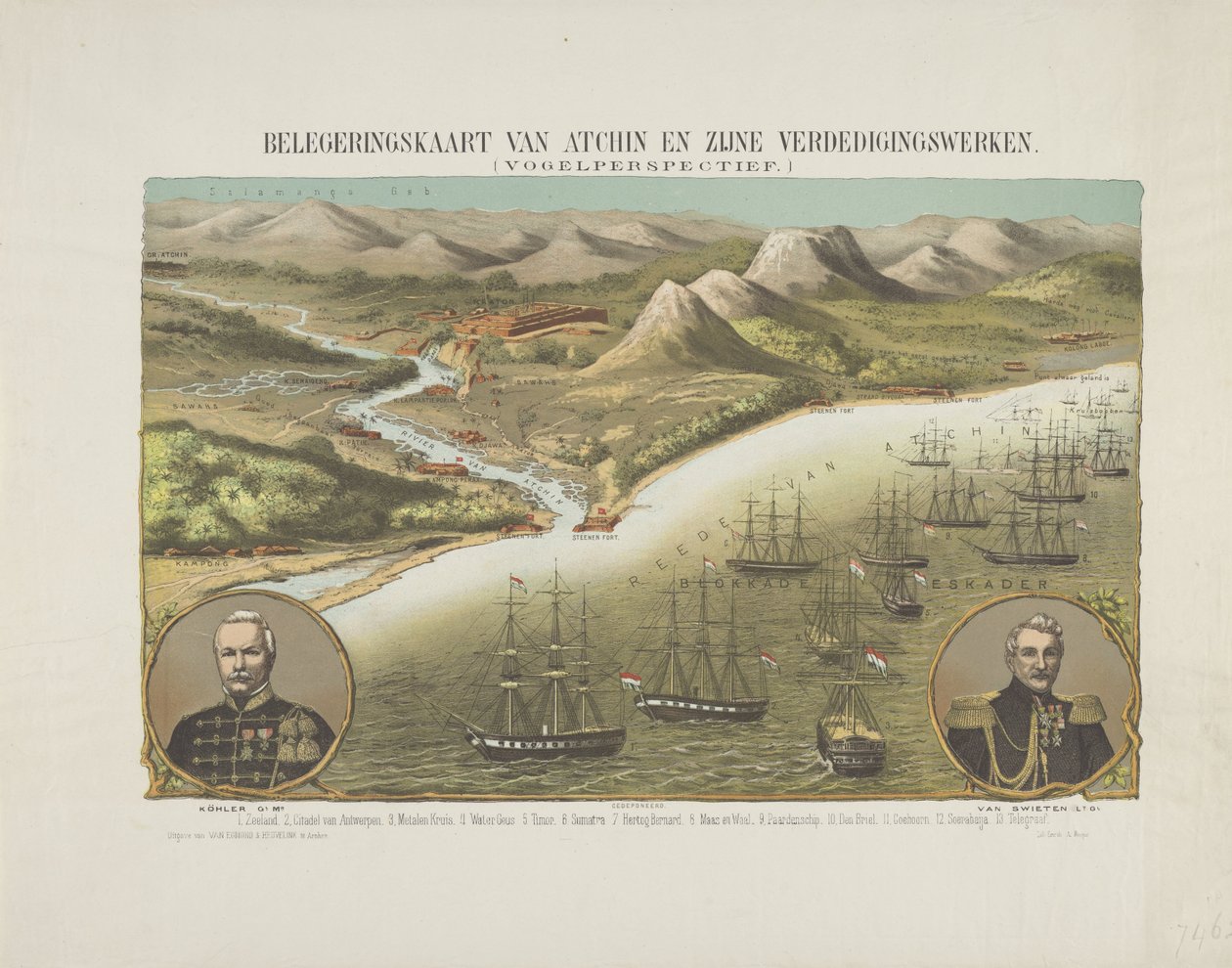 Näkymä Acehista toisen Acehin tutkimusmatkan aikana, 1873-1874 Piirityskartta Atchinista ja hänen puolustuksistaan. (Lintuperspektiivistä.) (otsikko esineessä) tekijältä Anonymous