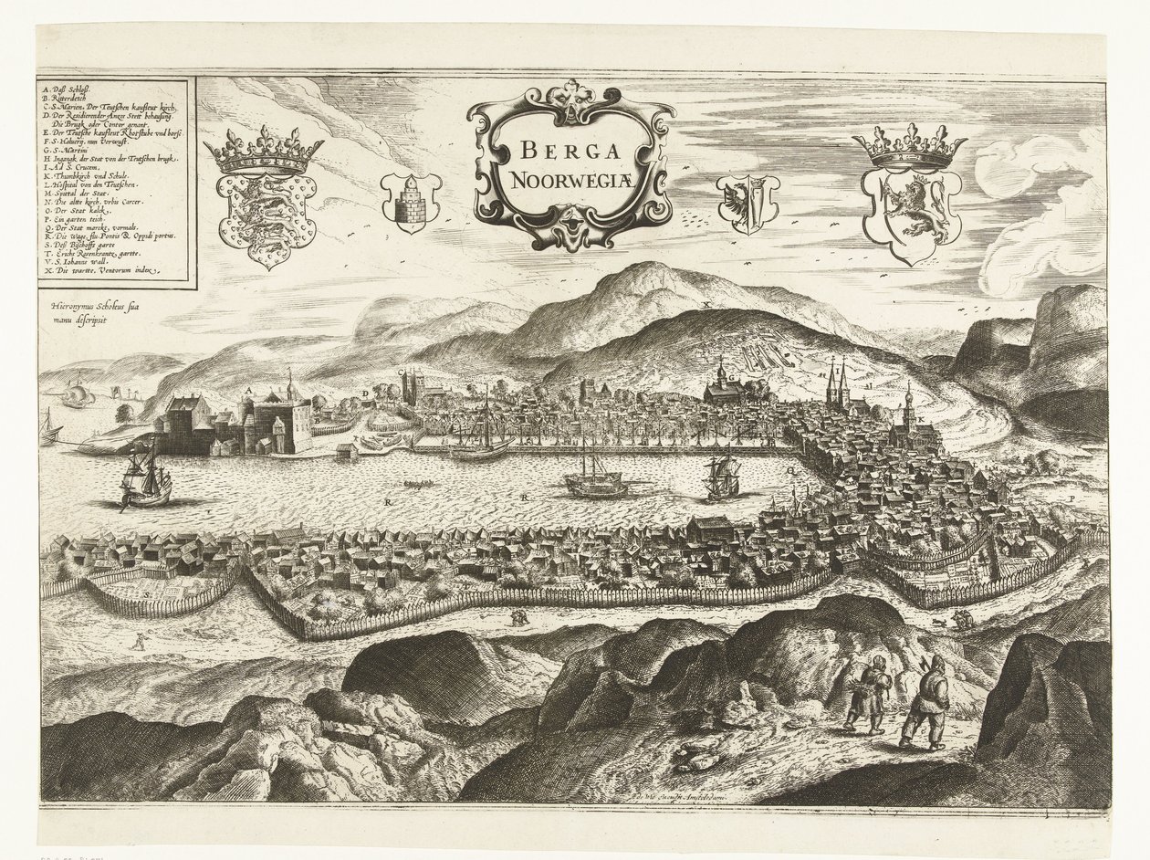 Näkymä Bergenistä (Norja), 1665 Berga Norja (otsikko esineessä) tekijältä Anonymous