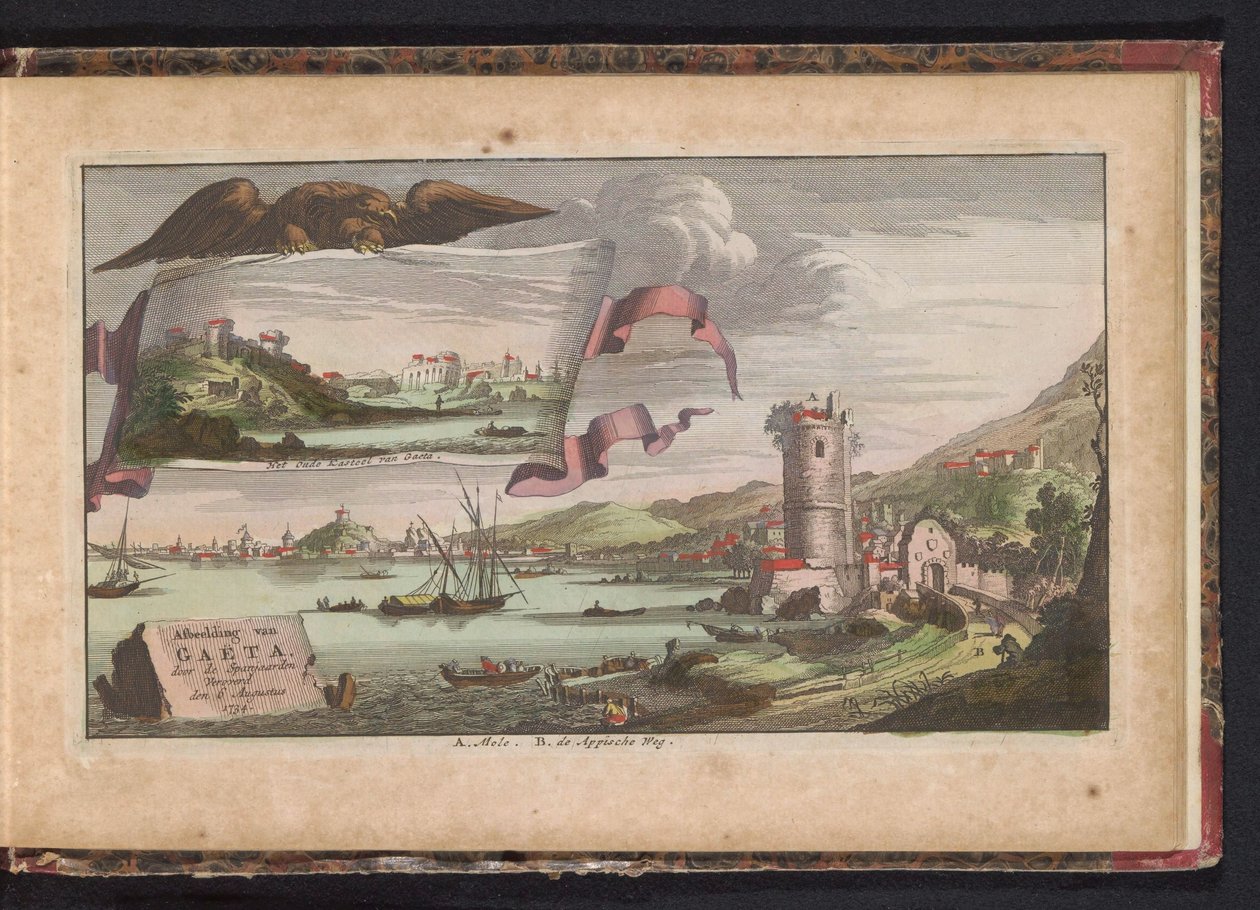 Näkymä Gaetalle, 1734 Kuvaus Gaëtasta, jonka espanjalaiset valloittivat 6. elokuuta 1734 (otsikko esineessä) tekijältä Anonymous