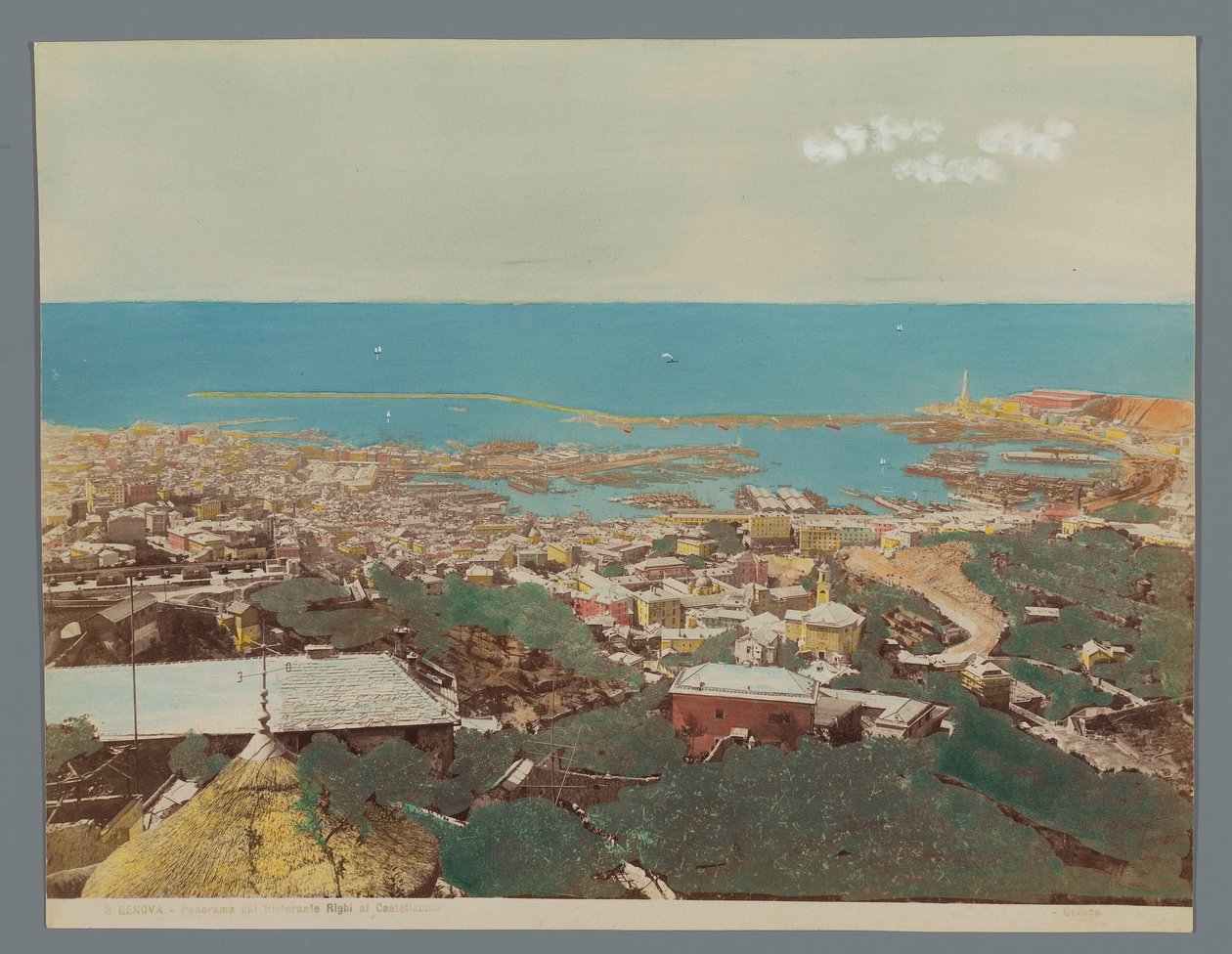 Näkymä Genovalle ja Lingurianmerelle, Italia Panorama Valley Ristorante Righi al Castellaccio (otsikko esineessä) Genova (sarjan nimi esineellä) tekijältä Anonymous