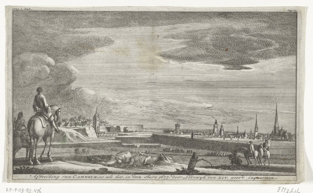 Näkymä Cambraista, 1677 Kuvaus Camerykista sellaisenaan vuonna 1677. Lodewyk XIV. otettiin (otsikko esineessä) tekijältä Anonymous