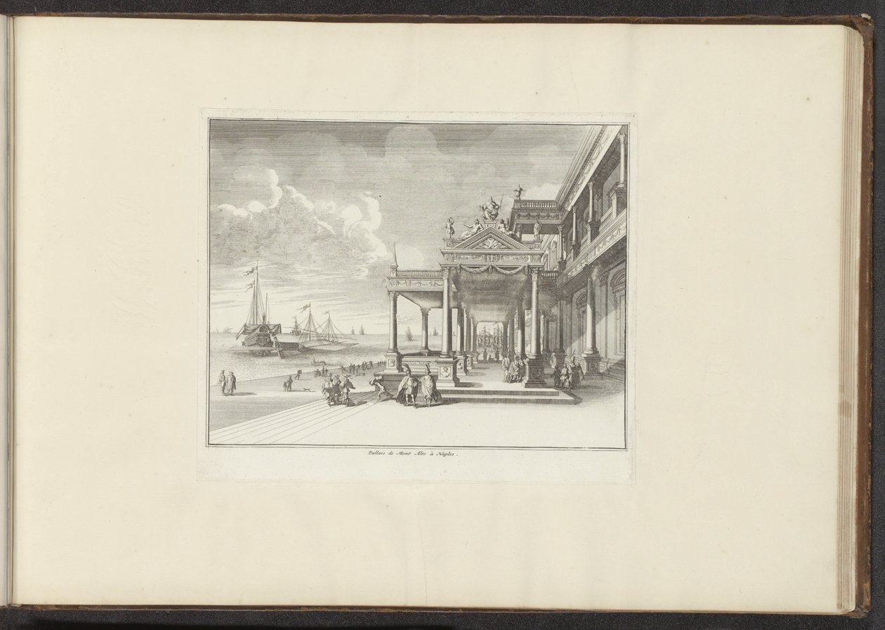 Näkymä Palazzo Montaltolle Napolin rannikolla Palais de Mont Alto Napolissa (otsikko esineessä) Palatsit ja monumentit Venetsiassa, Livornossa, Napolissa ja Roomassa (sarjan nimi) tekijältä Anonymous